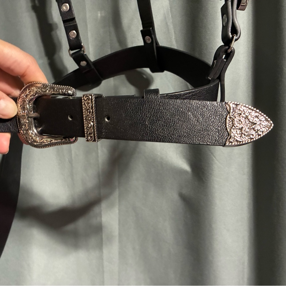 Black Faux Leather Belt with Silver Buckles
